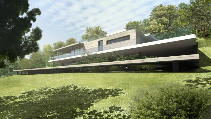 villa contemporaine d'architecte en bois et béton blanc à Ramatuelle