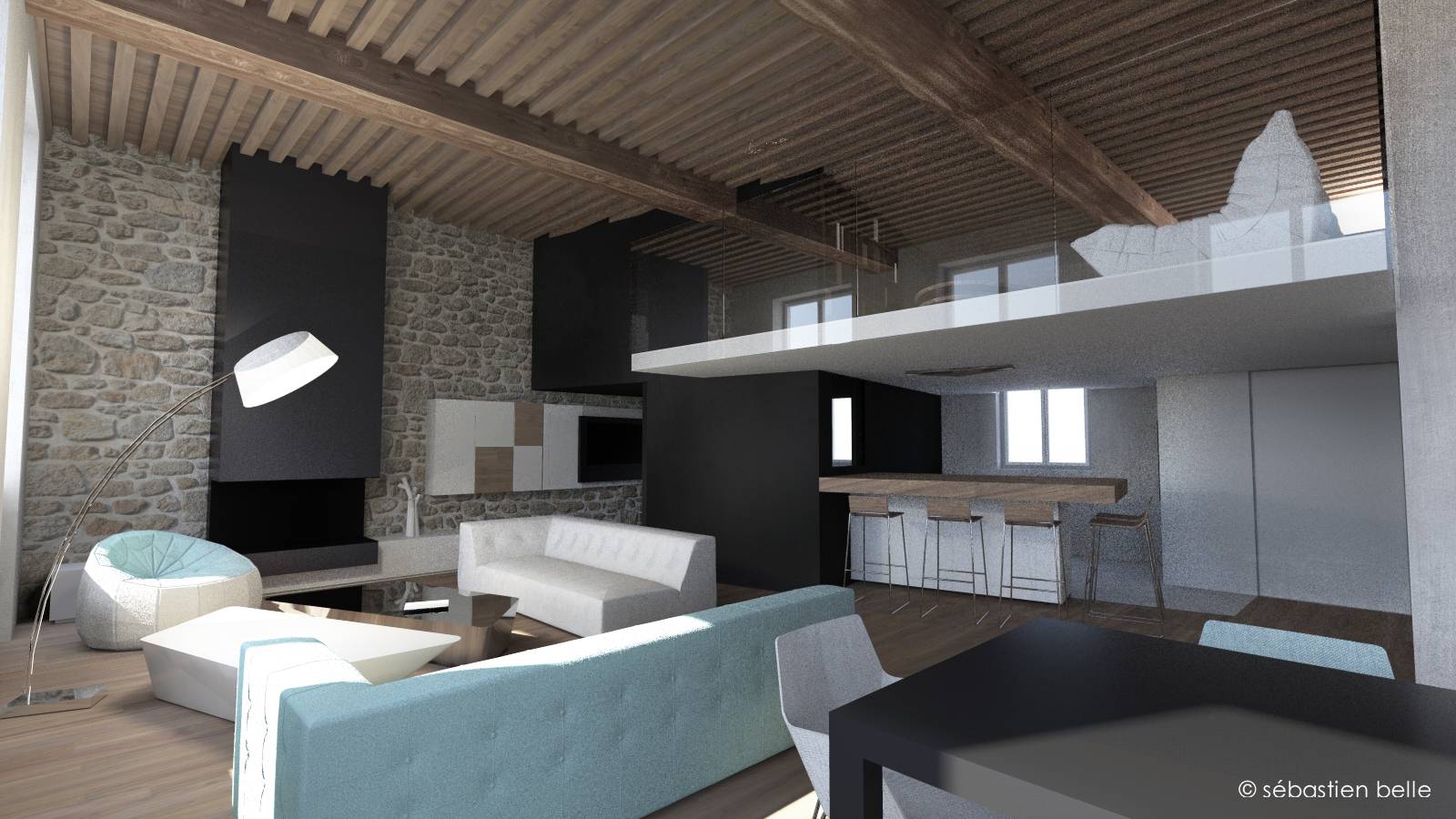 intérieur design d'un appartement avec mezzanine à Lyon