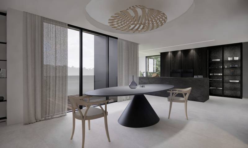 Salle à manger donnant sur cuisine moderne