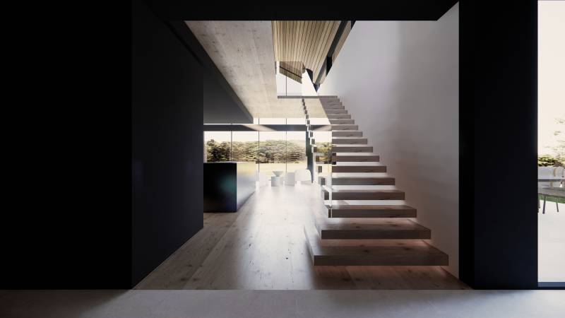 Escalier bois suspendu face à l'Ardèche