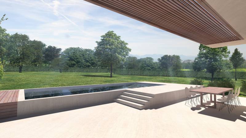 maison contemporaine d'architecte avec matériaux bois et béton à Divonne-les-Bains